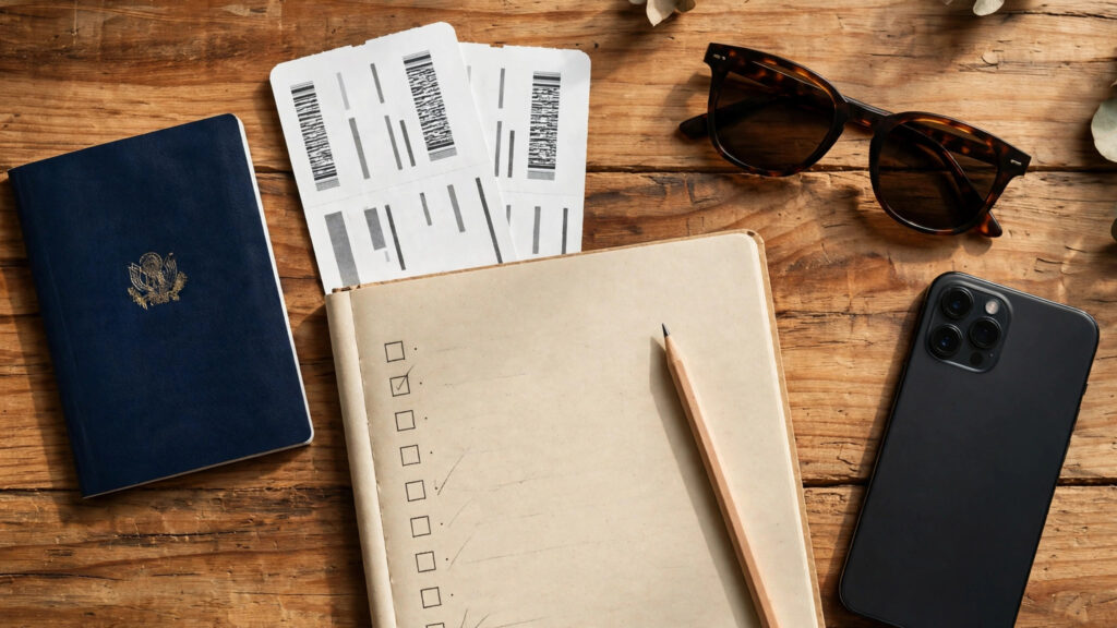 Passport and travel documents flat lay — International Travel Document Checklist